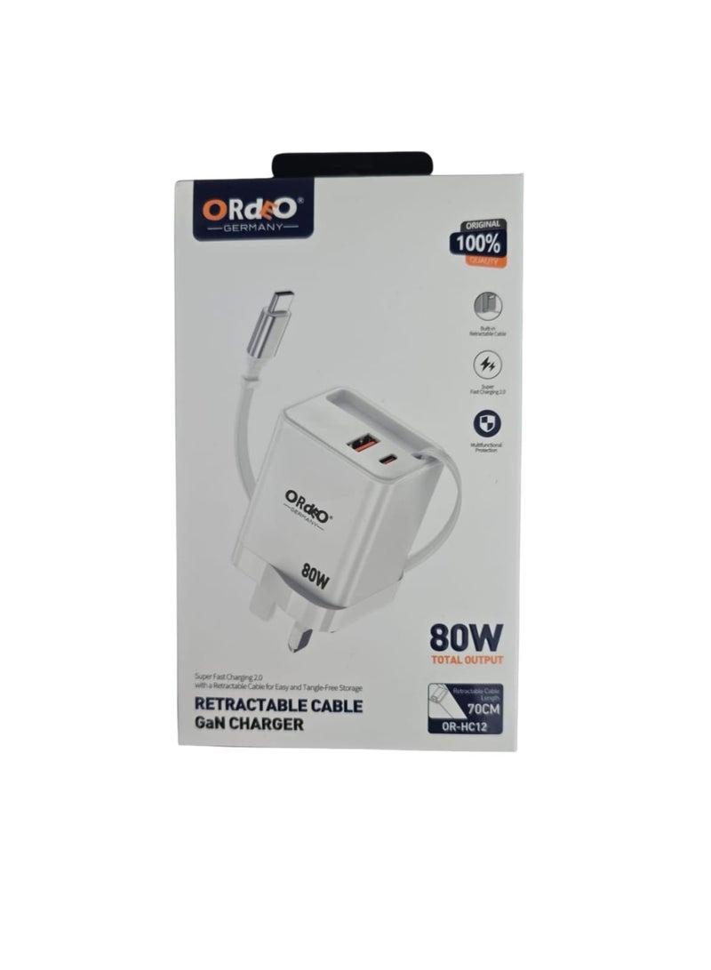 Ordeo Germany 80W GaN Super Fast Charger with Retractable Cable – Dual Port USB Charger with Fast Charging 2.0 - Image 1